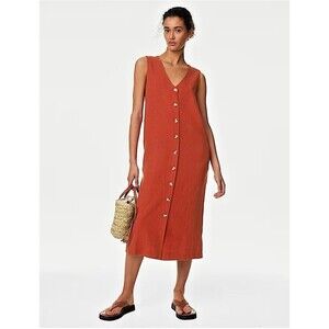 M & S Collection Linen Rich V-Neck Button Midi Dress 22 Plus Pockets BRITISH RED